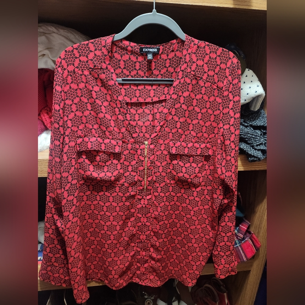 Express Red and Black Snow Flake Blouse